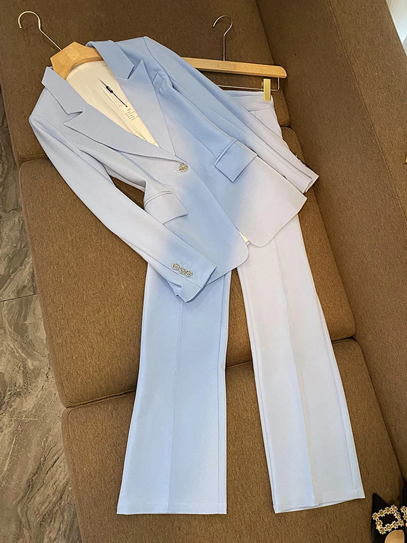 

New 2025 Briti Sle Light Blue Women's Suit Two-Piece Set High Waist Straight Leg Pants Cotton Blend Faionable Ensemble
