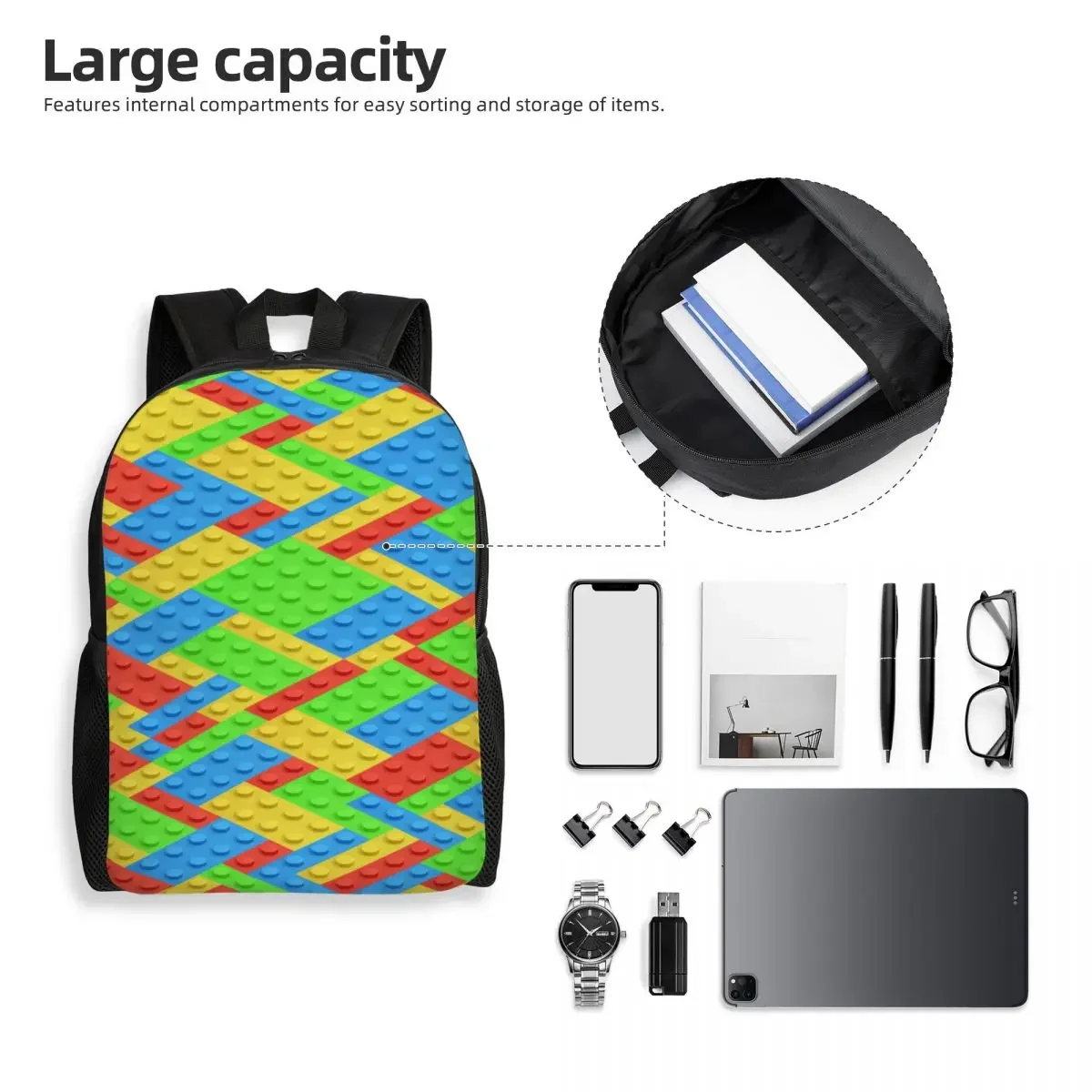 Custom Colorful Building Plastic Brick Toy Blocks Patterns Backpacks Women Men Casual Bookbag for School College Bags