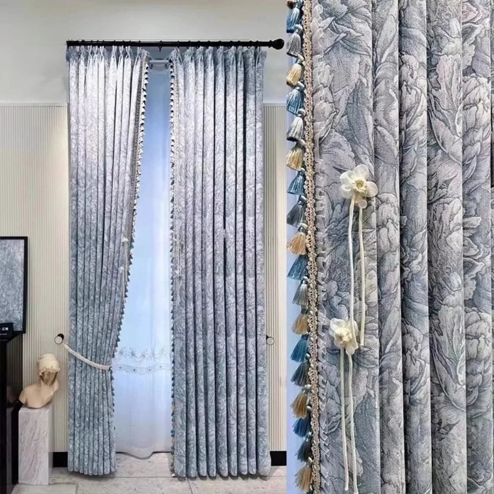 

Custom Country French Cream Chenille Curtains for Living Room Bedroom Romantic Embossed Blackout Thick Insulated Drapes Tulle