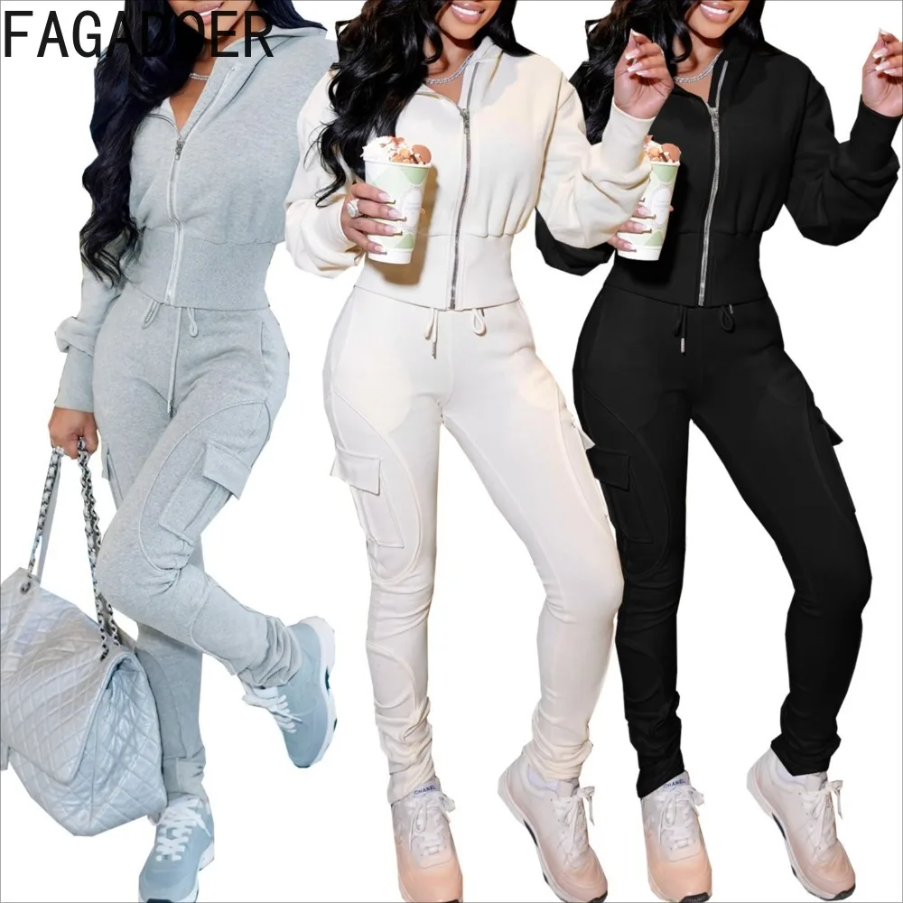 

FAGADOER Winter New Casual Sports Woman 2 Piece Set Outfit Solid Color Long Sleeves Crop Top + Pants Female Streetwear Clothing