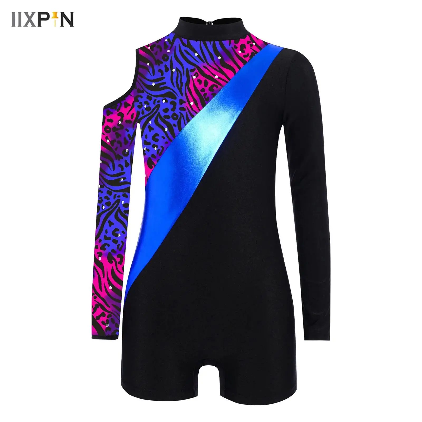 

Kids Girls Printed Gymnastics Dance Jumpsuit Cold Shoulder Long Sleeve Shiny Rhinestone Color Block Leotard Ballet Dance Leotard