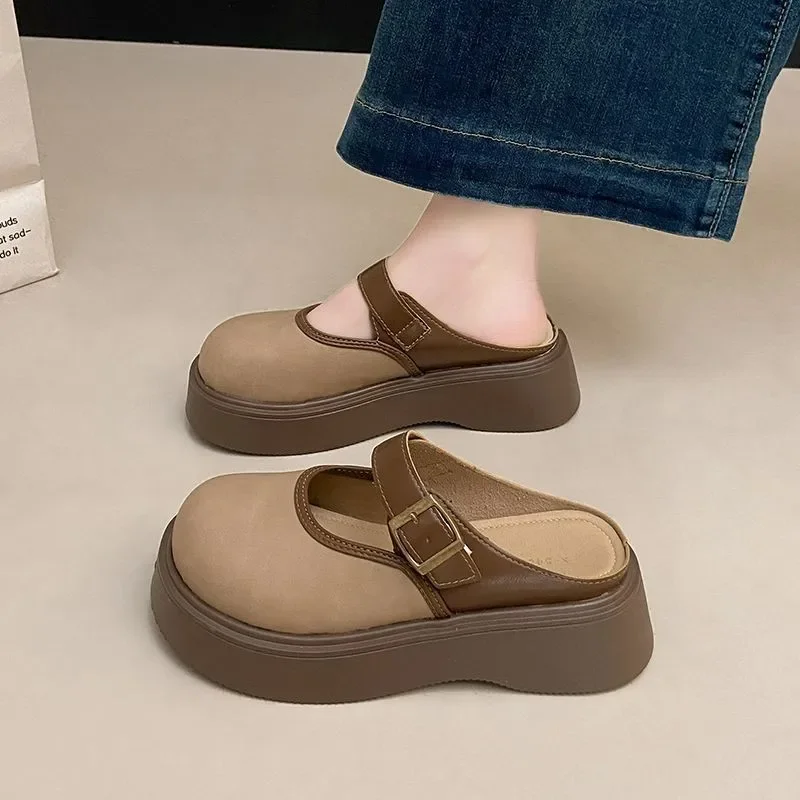 

Slippers Platform Shoes Woman 2025 Luxury Slides Low Pantofle Soft New Retro PU Hoof Heels Fabric Rubber Spr