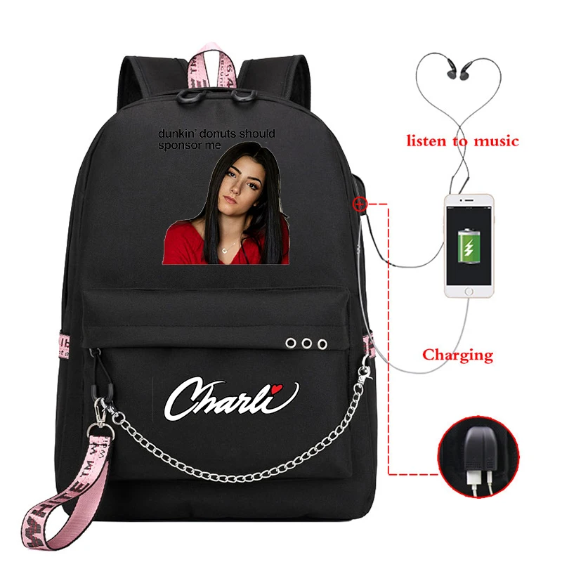 Charli damelio mochilas carga usb sacos de escola meninos meninas estudante mochila crianças mochila mochila diária escola