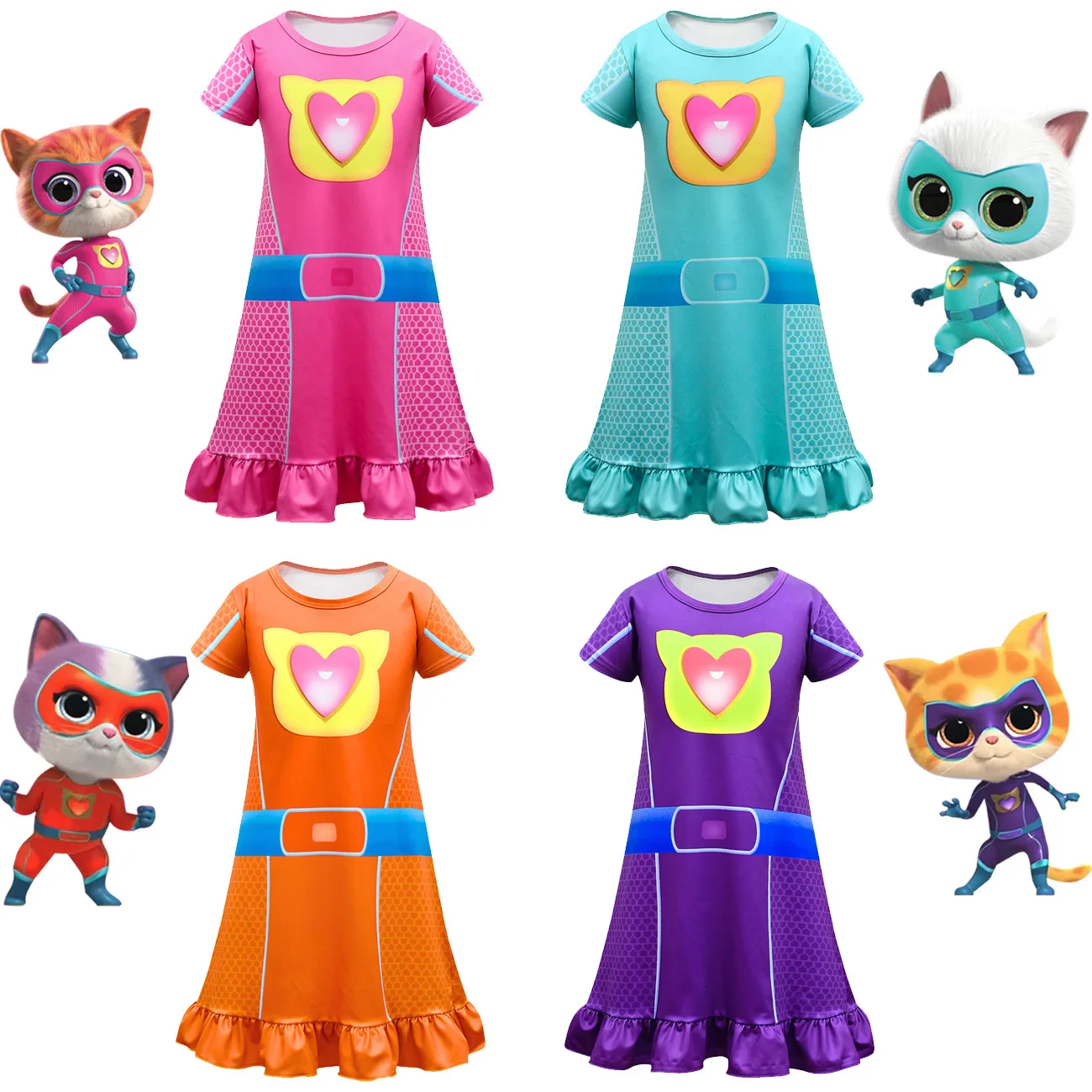 

Kids Dresses for Girls Super Kitties Nightdress Summer Clothes Cartoon Nightgown Short-sleeved Pajamas Baby Children Homewear