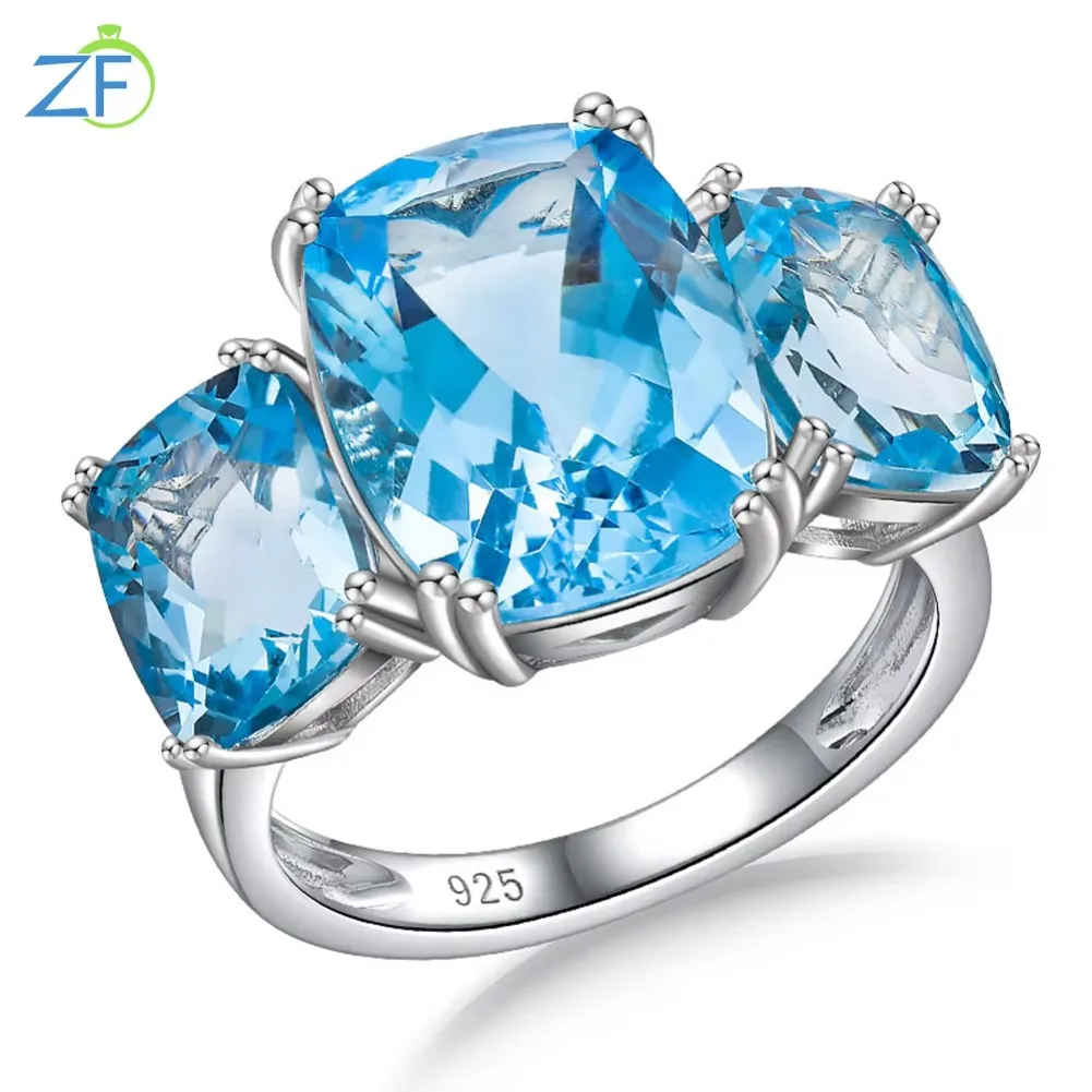 GZ ZONGFA Pure 925 Sterling Silver Natural Sky Blue Topaz 12.9ct Classic Rings For Women Engagemen Wedding Fine Jewelry