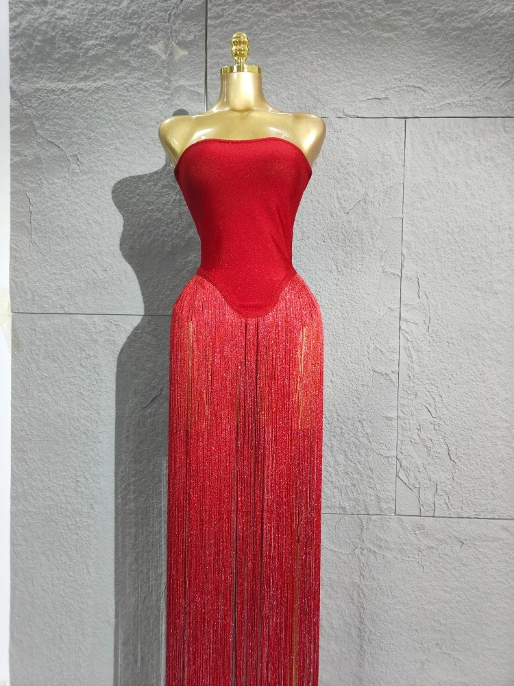 

Шикарный дизайн с длинными кисточками в стиле пэчворк без бретелек, бандажное боди, женское сексуальное уличное вечернее платье для ночного клуба, наряд для доспехи