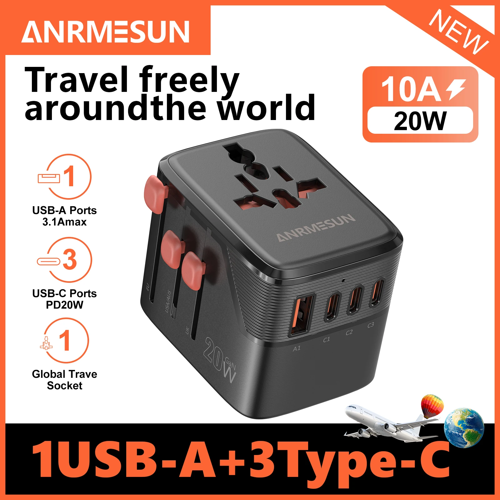 65 W/45 W/25 W GaN universele reisadapter met 2 USB 2 Type C snel opladen alles-in-één reislader EU/UK/VS/AUS voor reizen