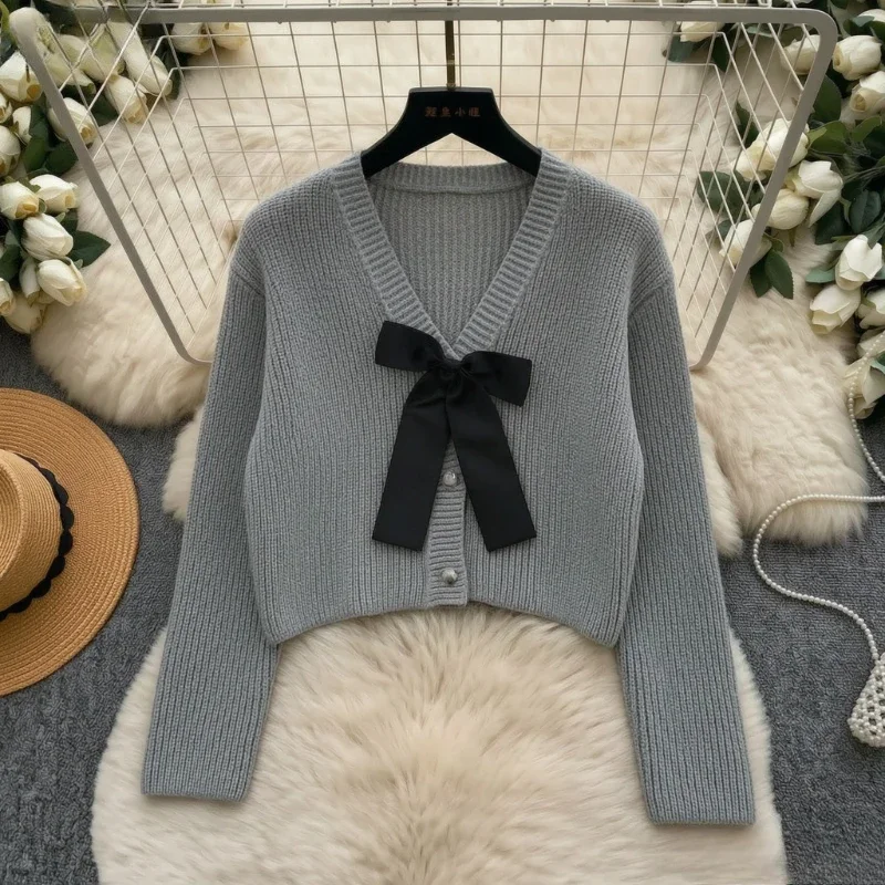 Ladies Soft Cozy Grey V Neck Ribbed Knit Cardigan Long Sleeve Black Bow Pearl Buttons Cute Sweet Casual Sweater Autumn Winter