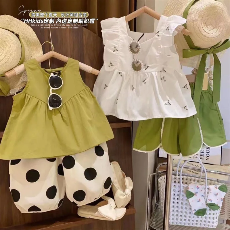 

New Girls' Casual Sleeveless Vest Wide Shorts Western Style Cool Two-Piece Suit2024Summer Summer Suit-WSNY