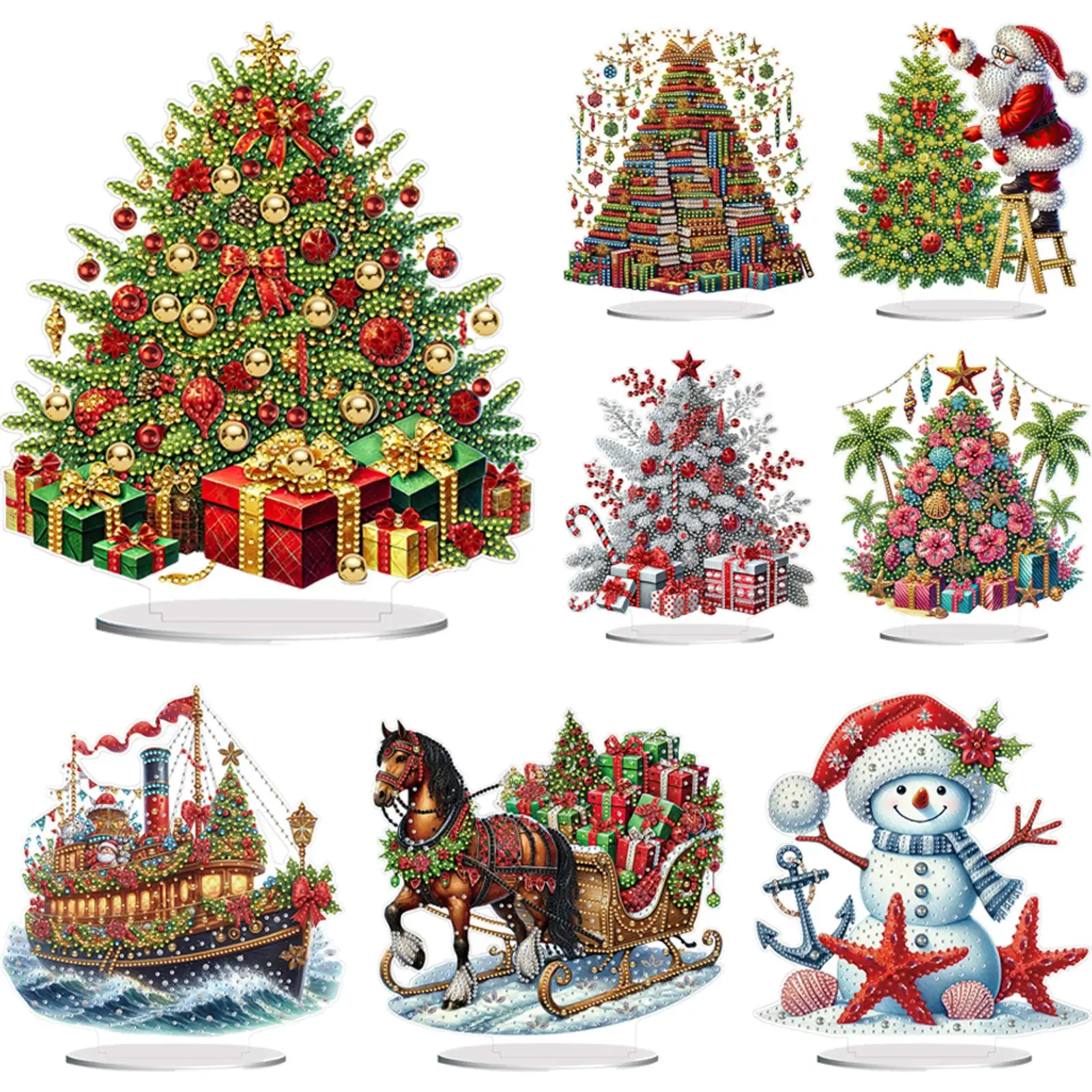 

2D Flat Print Xmas DIY Acrylic Diamond Painting Desktop Ornaments Kit Double-Sided Special Shaped Rhinestone Home Office Decor