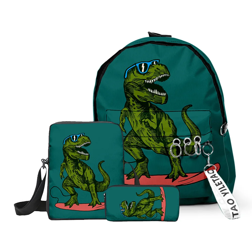 Lusso popolare divertente dinosauro stampa 3D 3 pezzi / set borse da scuola per alunni Oxford portachiavi zaino borsa a tracolla inclinata astuccio