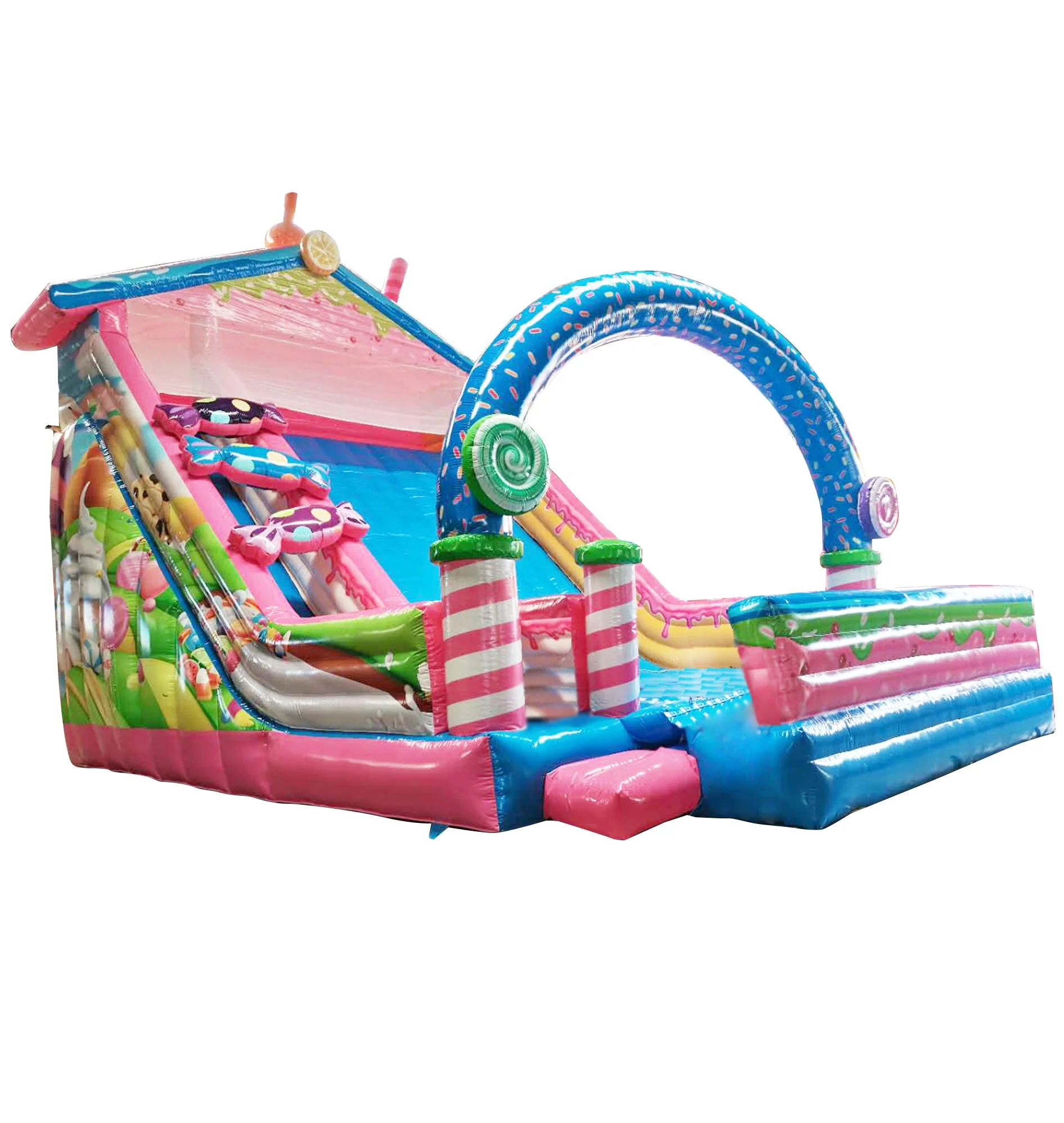 commercial CE colorful kids sugar bouncer inflatable super jumping water slide with pool above ground candy-land slide hot sale