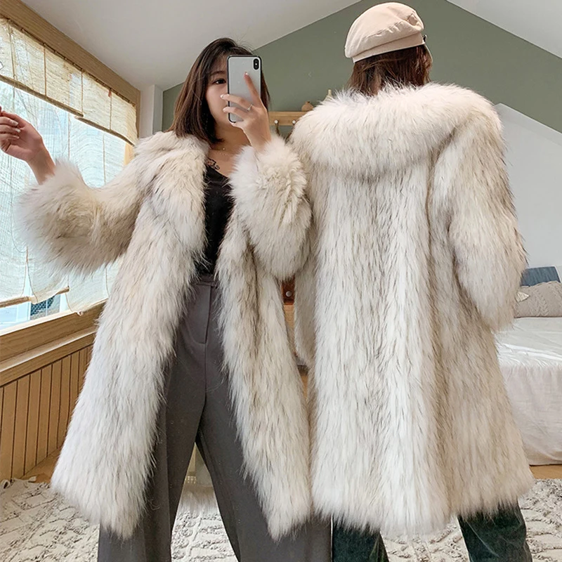 Raccoon fur Coat Women's Winter Thick Warm Outerwears Lapel Fur Cardigan Faux Fox Fur Jacket Furry Overcoat Elegant Lady 2023