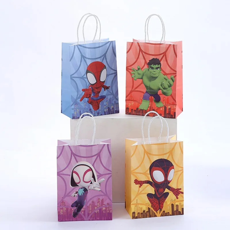 12pcs Disney Cartoon Large Kraft Paper Bag with Handle Hulk Spiderman Gift Bag For Kids Birthday Party Supplies Gift Package