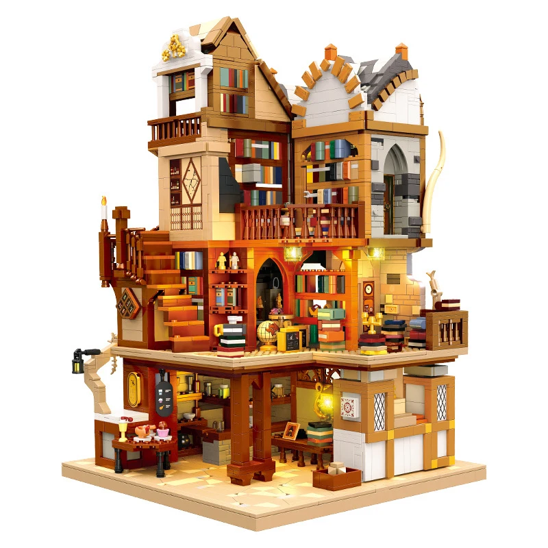Creative Bricks City Street View Model Sets Medieval European Library Construction Building Block Educational Toy With Light