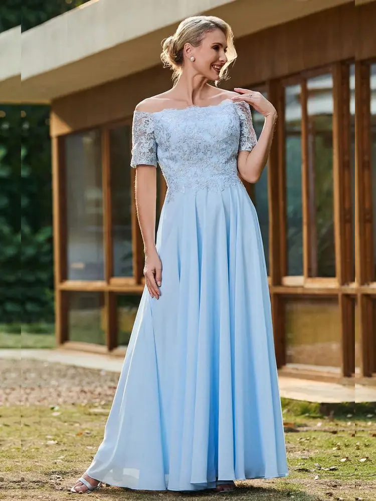 

Lace Applique Off Shoulder Ruched Chiffon Dress