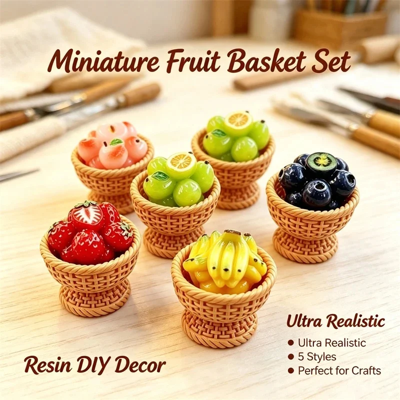 20pcs Miniature Resin Fruit Basket, Fake Peach Grape Blueberry Strawberry, Banana DIY Cream Glue Accessories, Phone Case Decor