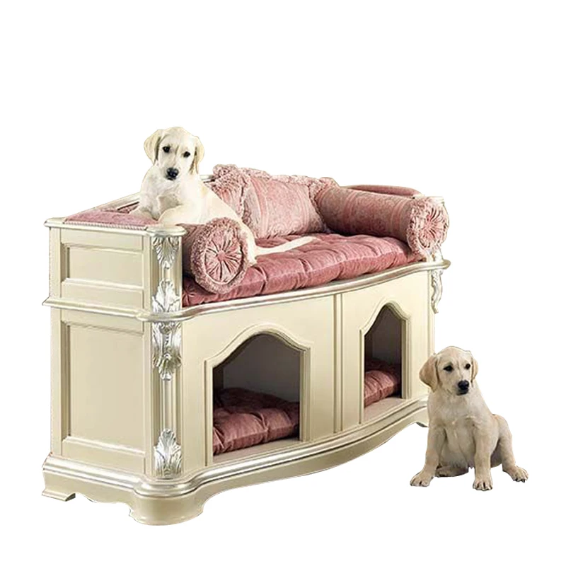 Solid wood bedroom house beige gold painted dog house pet rest bed villa dog small  customization