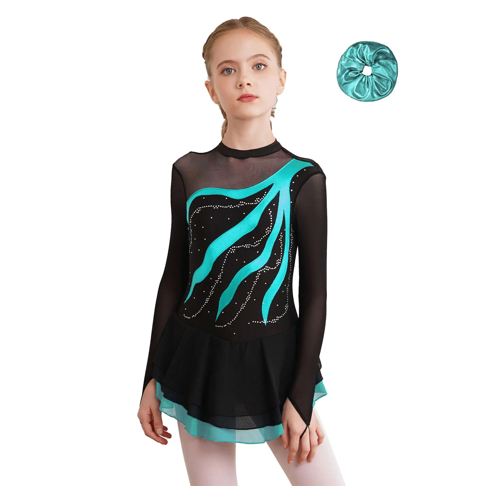 

Girls Lyrical Dance Dresses Long Sleeve Rhinestone Hollow Back Dress+Hair Band Outfit Kids Ballet Modern Skating Dance Clothes