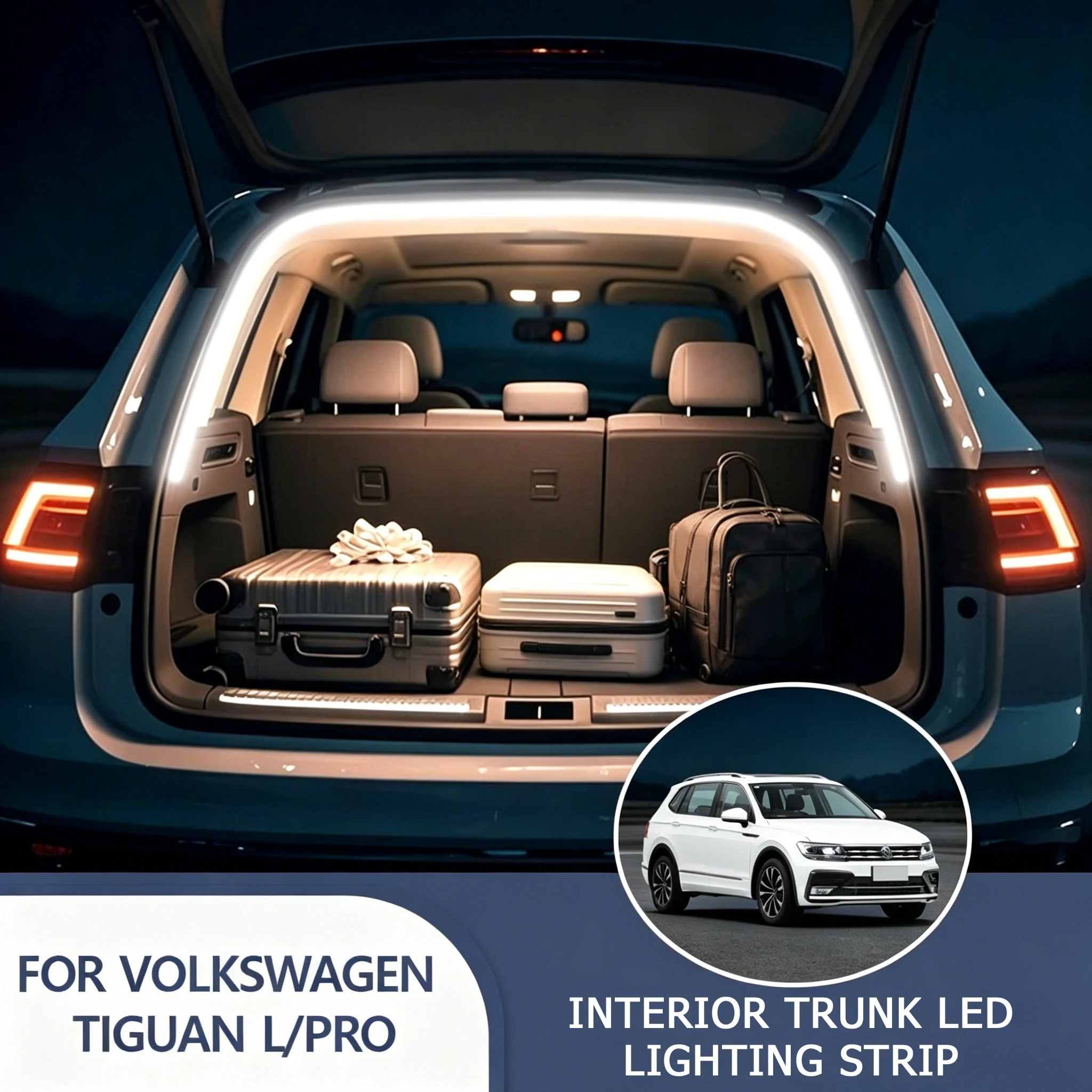 

Модификация подсветки багажника для Volkswagen Tiguan L/Pro, атмосферная подсветка, белый/теплый белый, светодиодная лента для заднего багажника.
