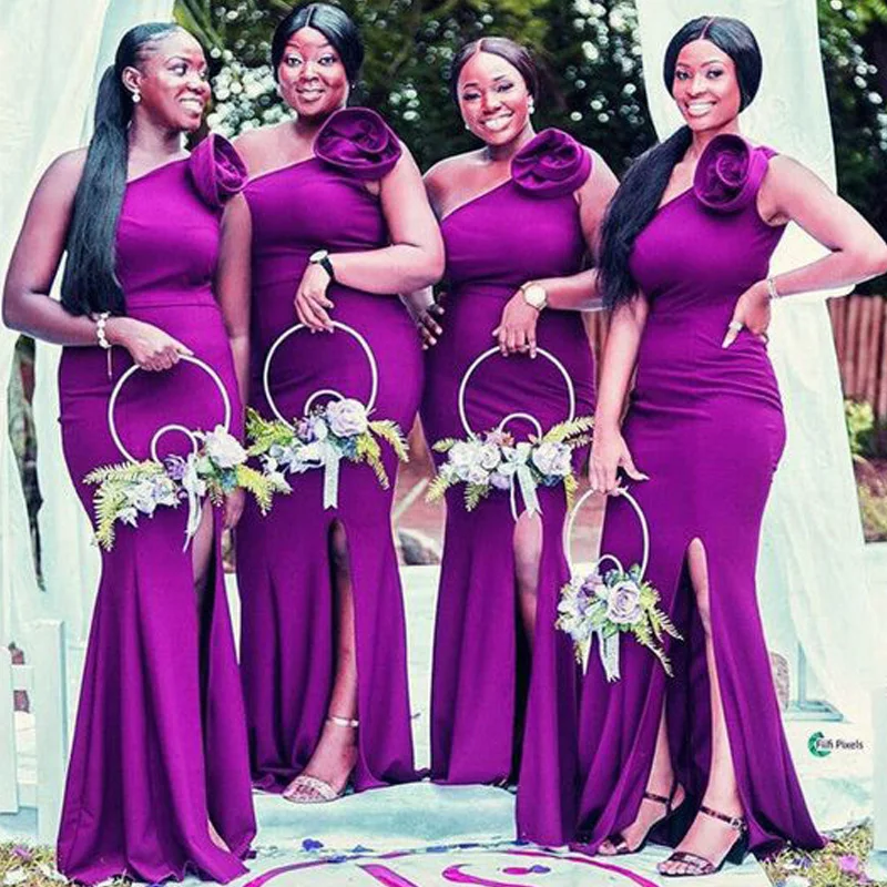 

African Bridesmaid Dress Purple Satin One Shoulder Handmade Flower Slit Nobody Mermaid Party Evening Robe Sexy Vestido De Noiva