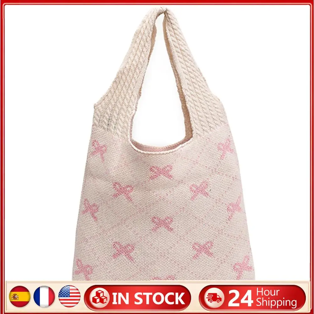 

Women Knitting Shoulder Bag Bow Printed Crochet Grocery Bag Large Capacity Travel Shopping Handbag Ladies Daily Handbag