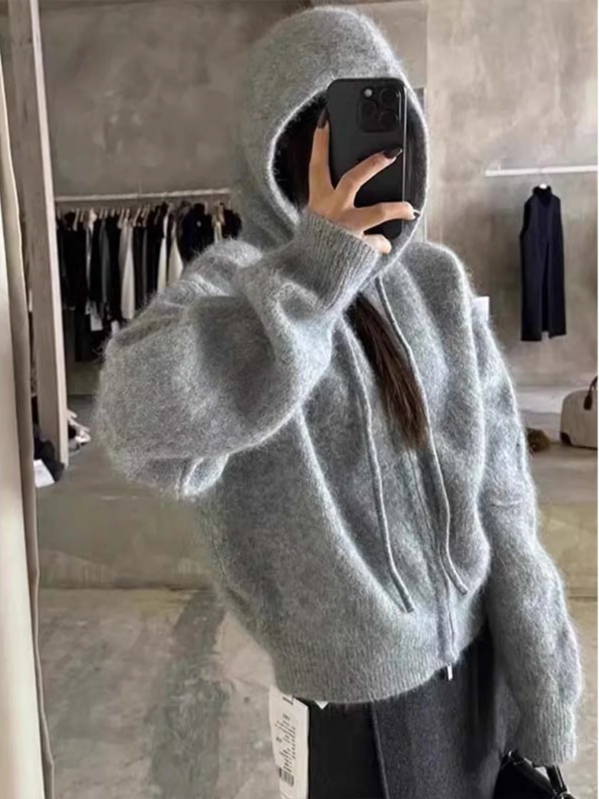 

Корейский утепленный вязаный кардиган на молнии с капюшоном для женщин, мягкий свитер, верхняя одежда, удлиненный, стандартный крой