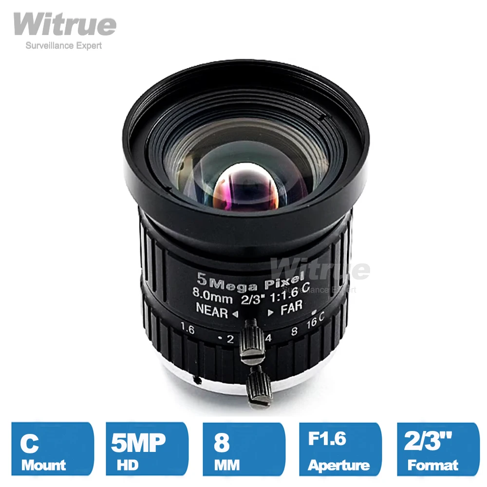 

Witrue HD 5MP CCTV Camera Lens 8mm C Mount Aperture F1.6 Image Format 2/3" for Industrial Security Road Monitoring