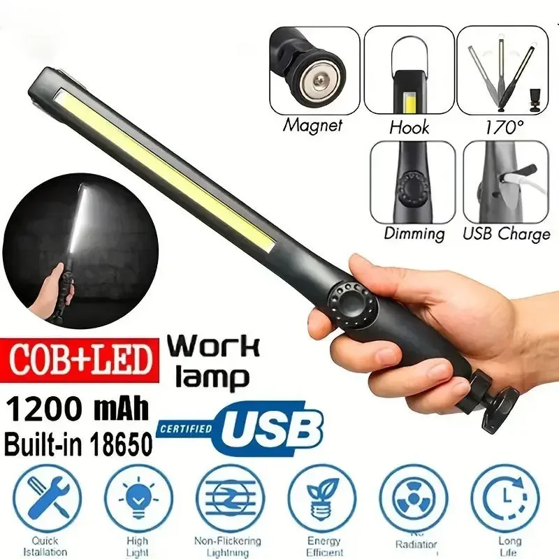 USB Rechargeable COB LED Work Light Portable Magnetic Cordless Inspection Light For Car Repair Home Workshop Emergency