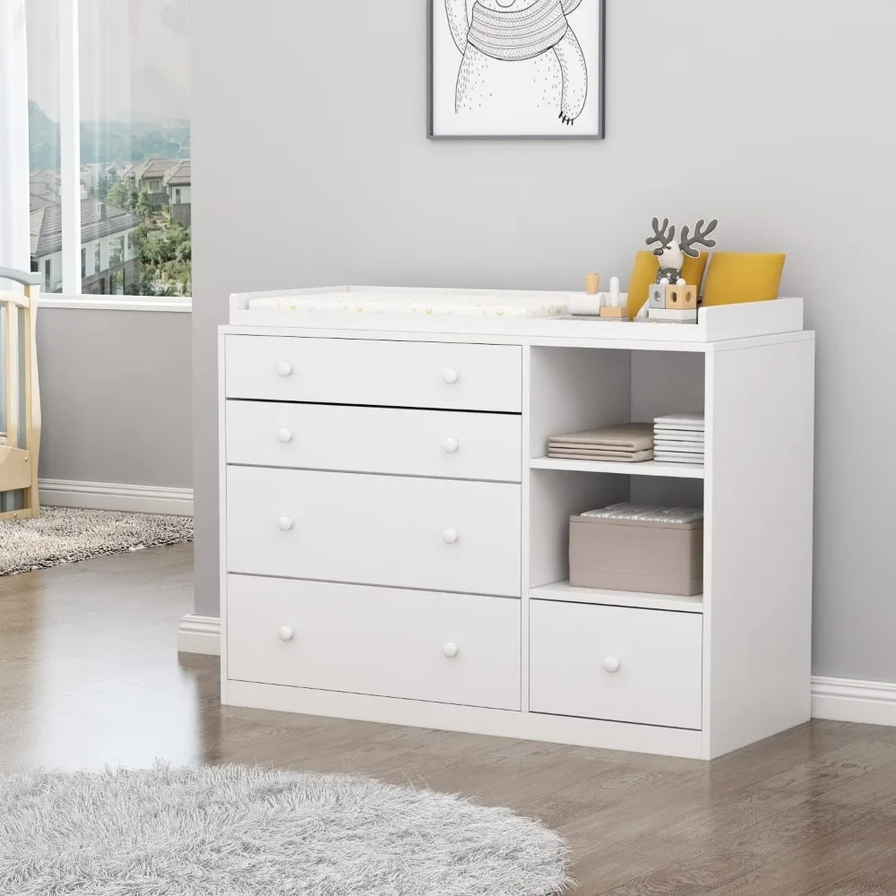 Cassettiera per la cameretta dei bambini, cassettiera bianca per la cameretta con 5 cassetti e ripiani portaoggetti, cassettiera in legno per la cameretta dei bambini