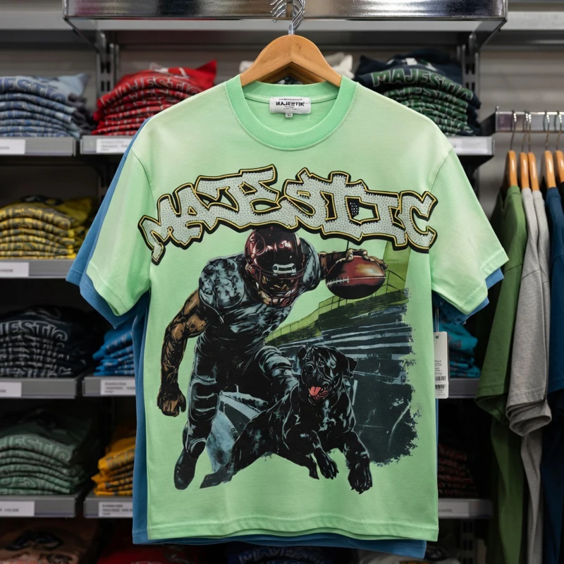 Streetwear Trend Majestik T-shirt Football Bulldog Pattern Short Sleeve High Quality Rhinestone MAJESTIK Top Tee