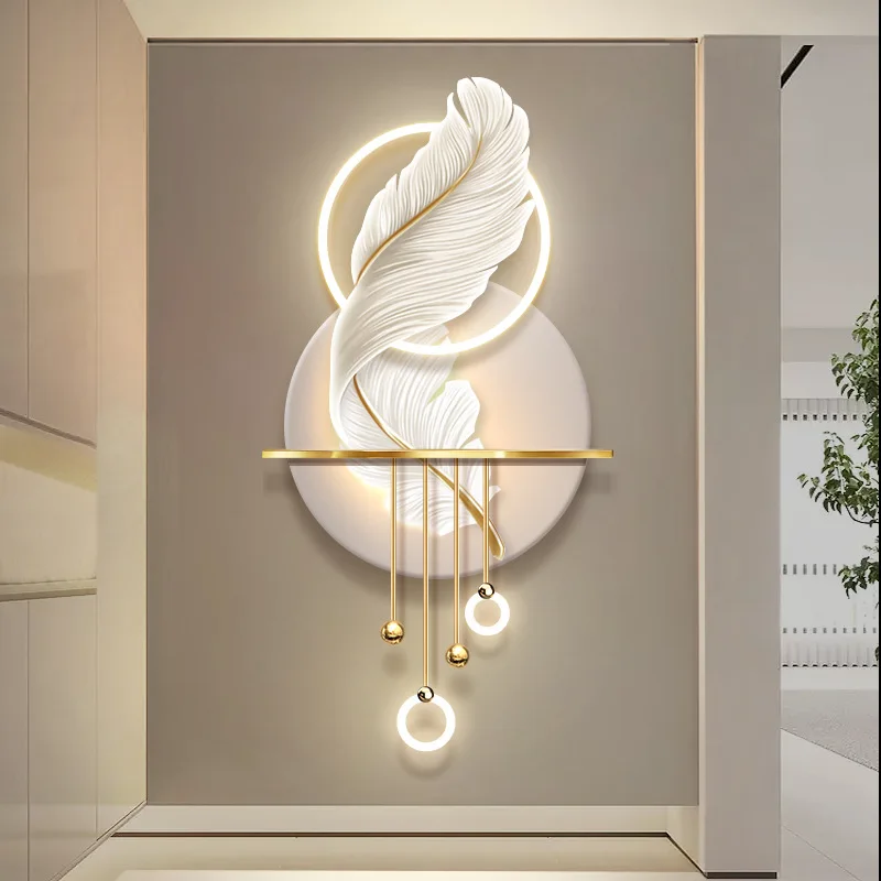 

Cream wind feather entrance decorative painting light luxury aisle corridor end three-dimensional advanced sense luminous wall l