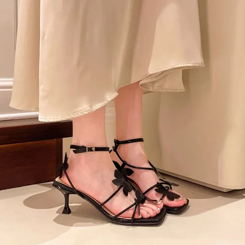 2025Summer Butterfly Women's High Heel Sandals Square Toe Buckle Casual  Shoes Elegant Stiletto Heel Ankle Strap Party image 2