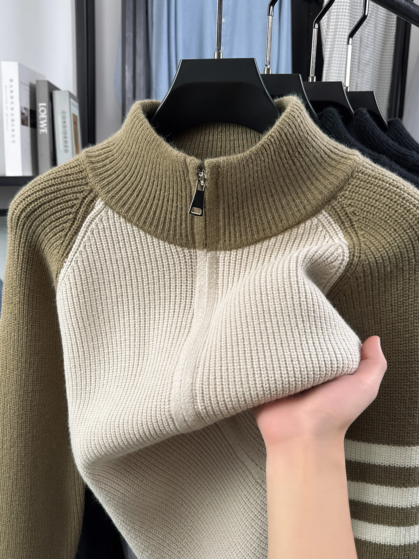 High end color blocked men's sweater cardigan fashion brand three stripes comfort stand collar casual new zipper knitted coat