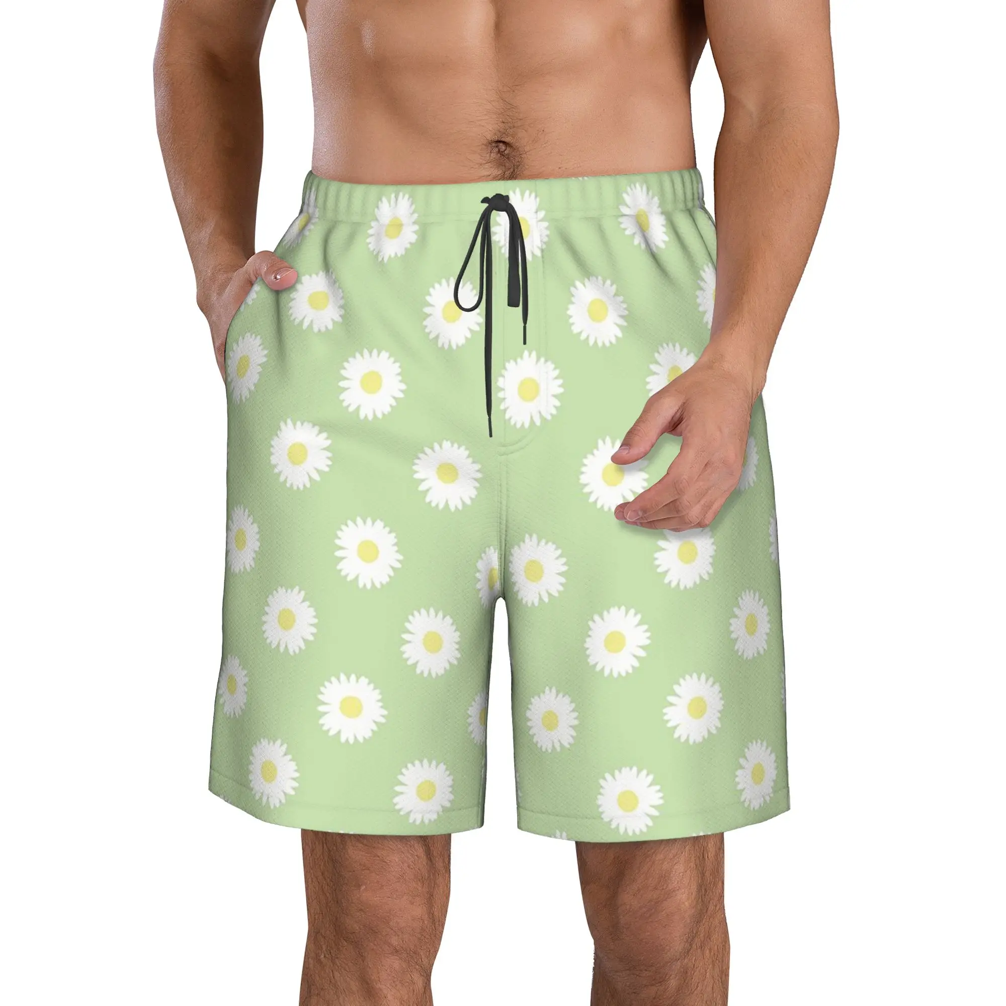 Macaron Colour Green Daisy Pattern Trunks Beach Board Shorts Casual Quick Dry Swim Summer Men Pants