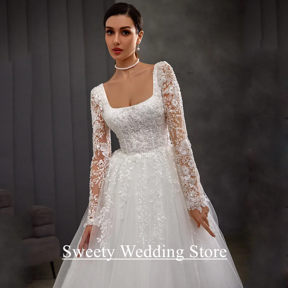 Abito da sposa donna Abiti da sposa Maniche lunghe personalizzate Collo quadrato Perline Applique Glitter Tulle Abito da sposa linea A