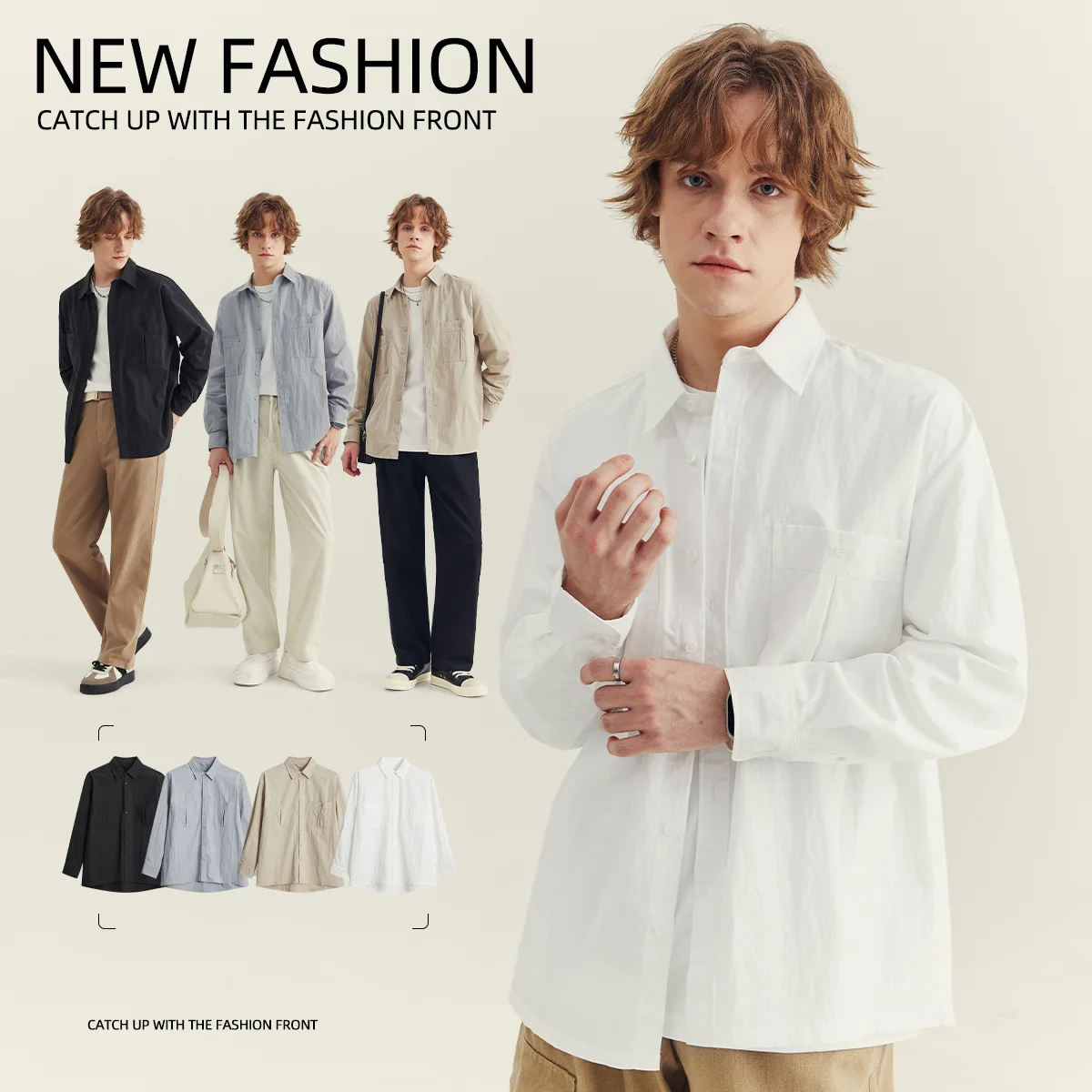 

Мужская рубашка Pure Color Long Sleeve APO Busin Commute Simple High-End из смесовой хлопковой ткани, свободного кроя, белая, осенняя новинка