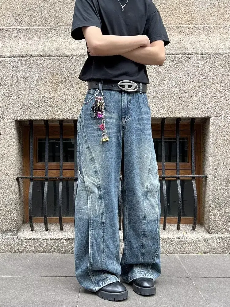 2025 Ropa Y2K ملابس الشارع الشهير غسلها الأزرق المرقعة فضفاض الجينز السراويل للرجال الملابس خمر واسعة الساق سراويل جينز Pantalon أوم #6