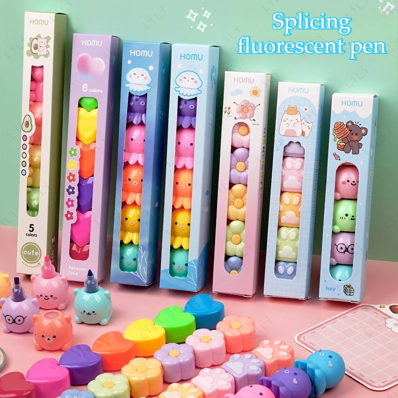 Divertente evidenziatore con giunture in stile cartone animato, regalo per bambini, pennarello a colori, zampa di gatto/fiore/polpo/cuore/orso, stili multipli