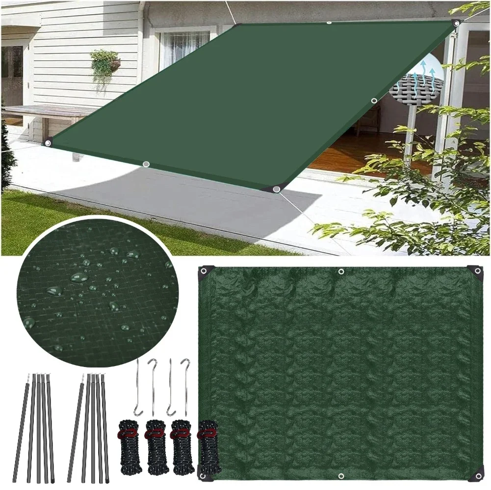 Waterproof PE Sun Shelter with Rod Rectangle Sunshade Protection Outdoor Canopy Garden Patio Pool Shade Sail Awning Shade Cloth