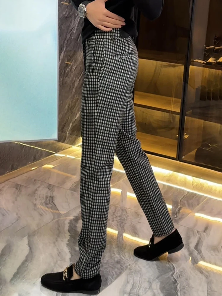 

Busin повседневные мужские брюки Thiened, зимние легкие клетчатые тонкие прямые леггинсы без глажки на молнии с высокой талией