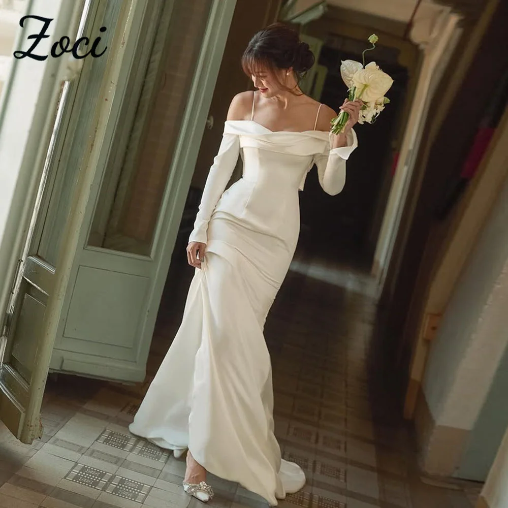 Zoci Elegant Off Shoulder Mermiad Wedding Dresses Spaghetti Straps Wedding Photos Shoot Dress Customized Long Sleeve Bridal Gown