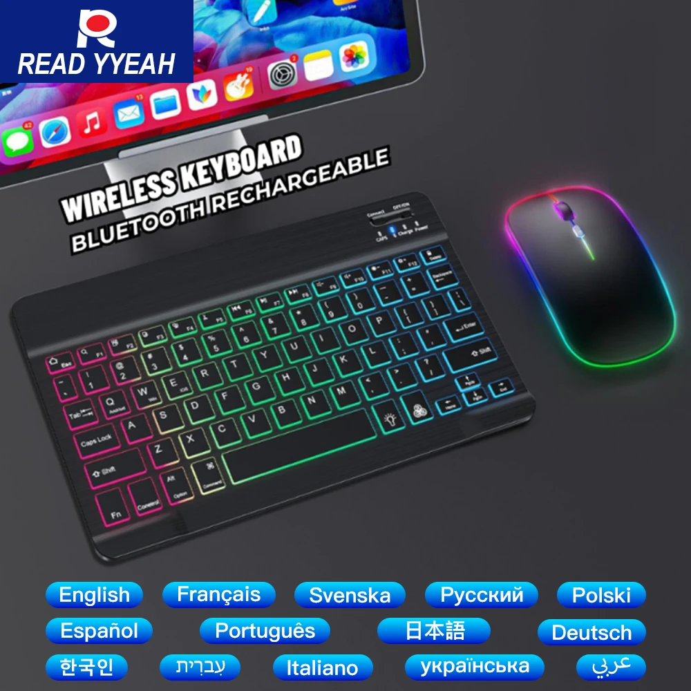

2025 Backlit Bluetooth Wireless Keyboard With Mouse For Android iOS Windows Tablet Phone PC Rechargeable Keyboard Spanish Arabic