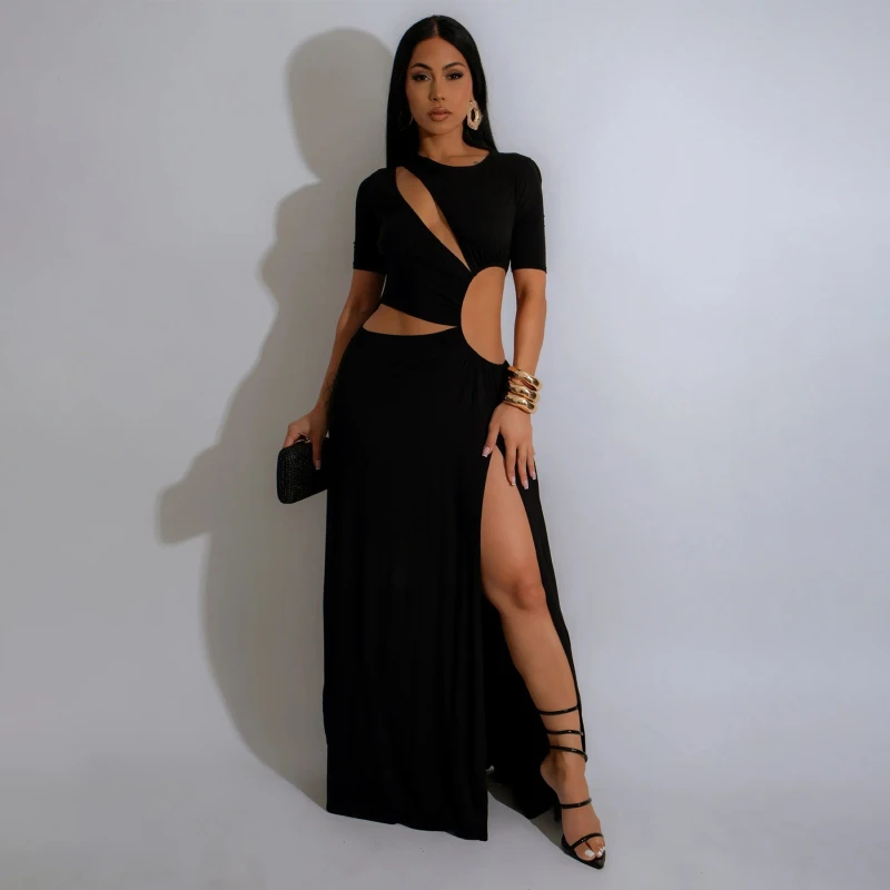 Sexy mujer cuello redondo alto Split recortado ceñido al cuerpo Midi Maxi vestido 2024 otoño calle noche fiesta Club Vestidos Sexy Vestidos largos