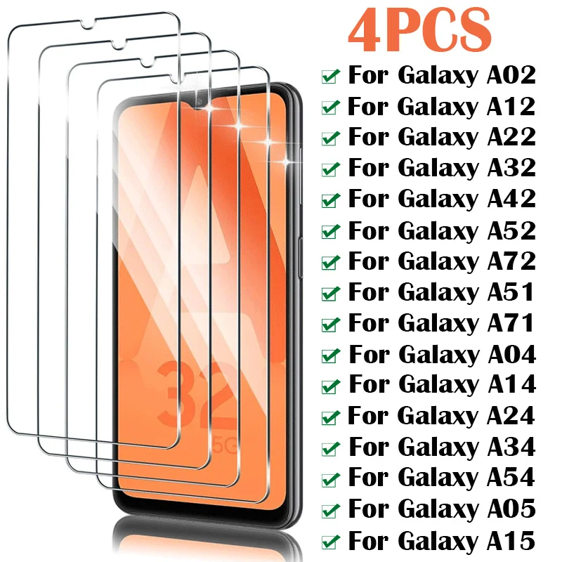 4Pcs Full Screen Protectors For Samsung Galaxy A14 A54 A34 A04 A24 A51 A71 A12 A32 A22 A52 A72 A05S A15 A35 A55 Tempered Glass