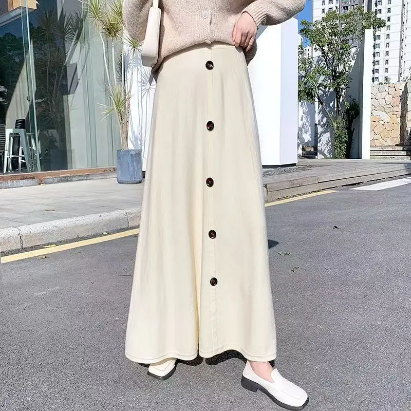 

Button A-Line Knit Skirts for Women Autumn Winter Korean Solid High Waist Midi Skirts Woman All Match Pleated Skirt Female