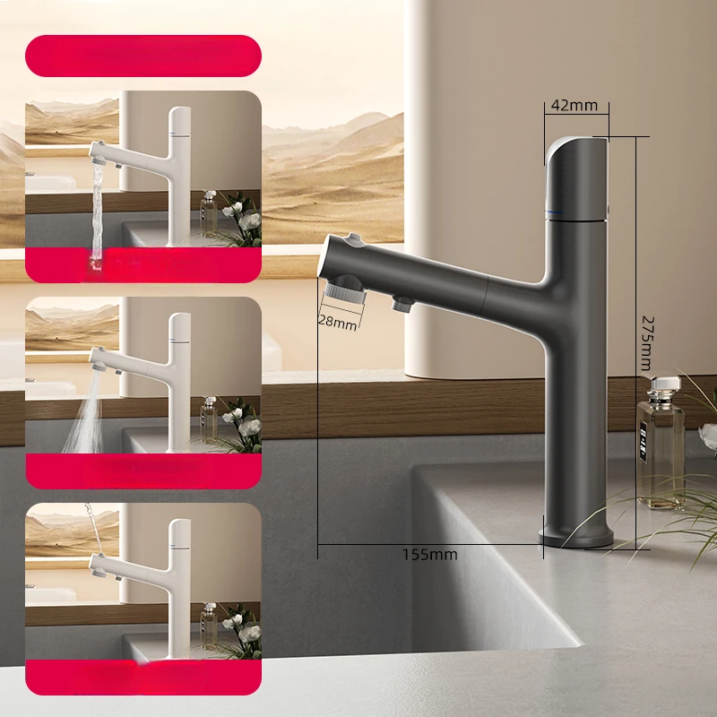 All-copper White Countertop Washbasin Washbasin Basin Pull-out Hot and Cold Rotating Faucet Single Handle Single Hole