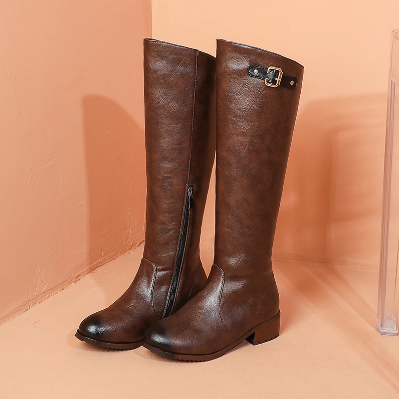 Vintage Knee High Boots Women Shoes Casual Brown Black Riding Boot Flats 2024 Autumn Winter Snow Boots Shoes Woman Large Size 48