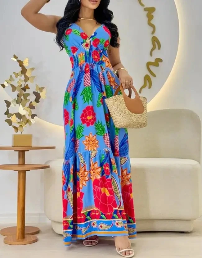 

Women Dresses Summer Outfit New Fashion Floral Print Spaghetti Strap Shireed Maxi Dress Women's Casual A Line Waist Flared Dress