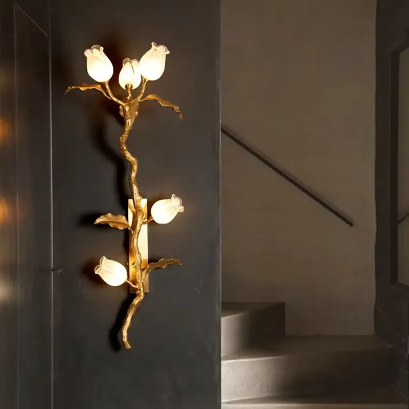 Solid Brass Light Flower Art Wall Sconce, Decor Lamp for TV Wall, Foyer, Stairs & Bedroom Headboard